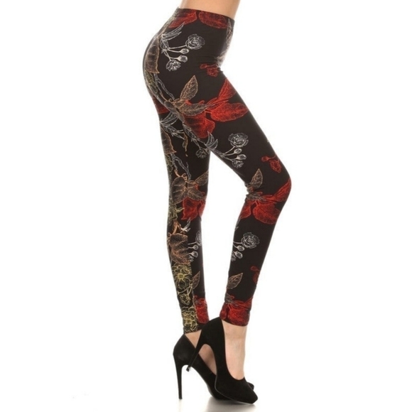 LEGGINGS DEPOT Black & Red Floral Print Full length Size 12-20 NWT - Picture 3 of 7